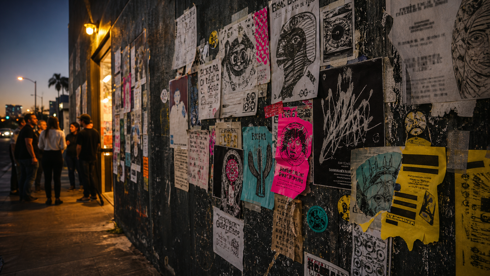 A downtown Phoenix flyer wall outside a warm gallery opening at dusk.
