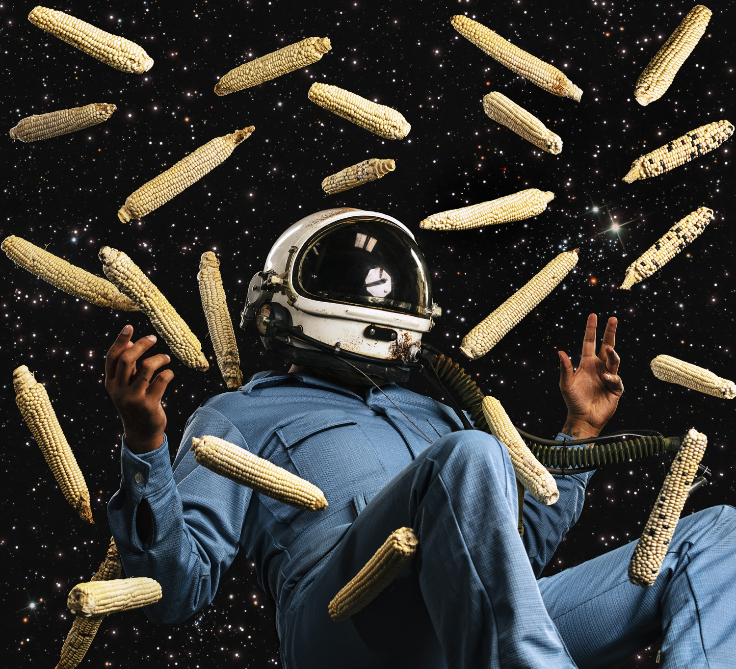 Cara Romero artwork showing a figure in a space helmet surrounded by corn against a star field.