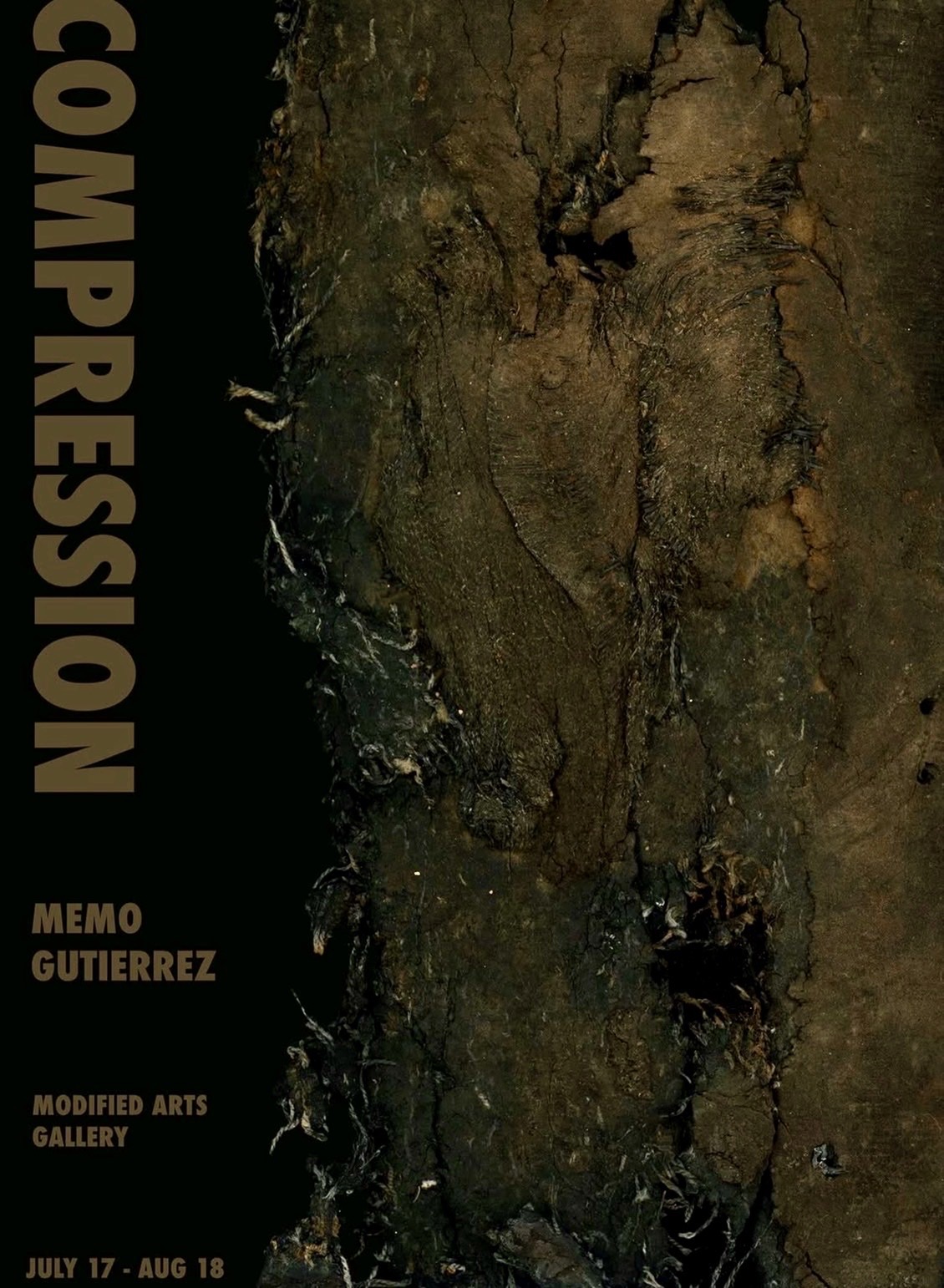 Compression exhibition flyer featuring textured dark material and the name Memo Gutierrez.