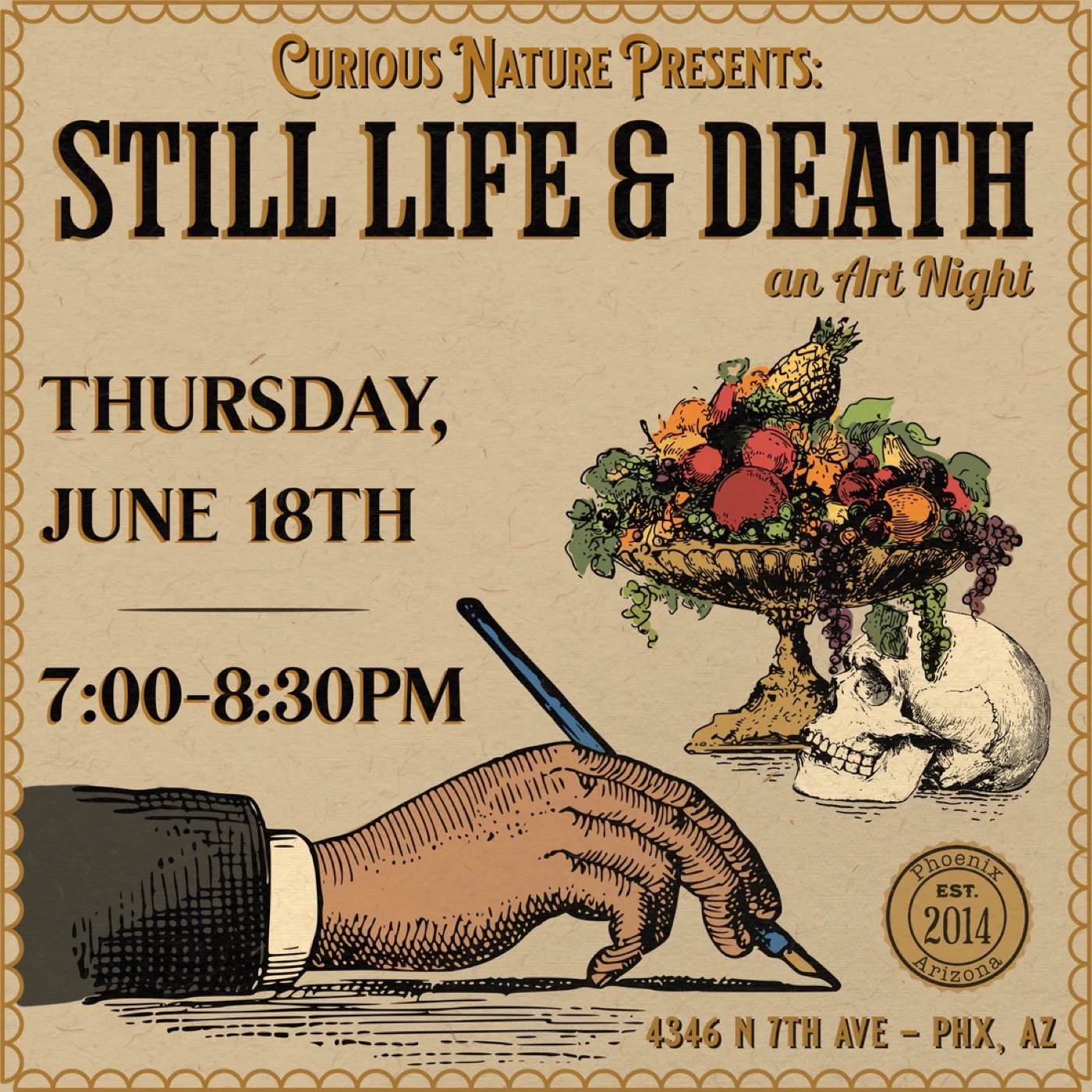 Curious Nature flyer for Still Life and Death, an art night on June 18.