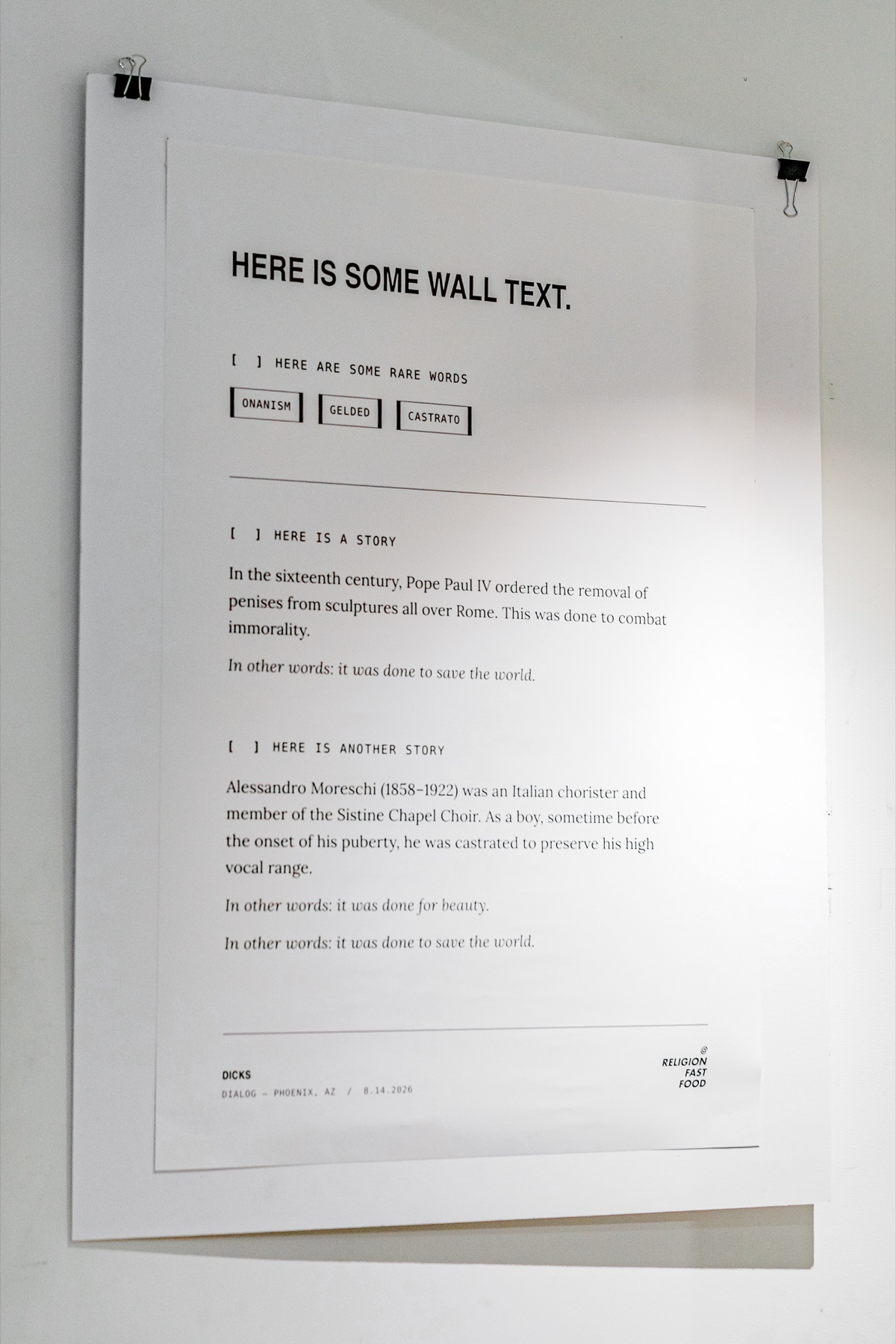 The exhibition wall text combines dry humor with historical stories about censorship and castration.