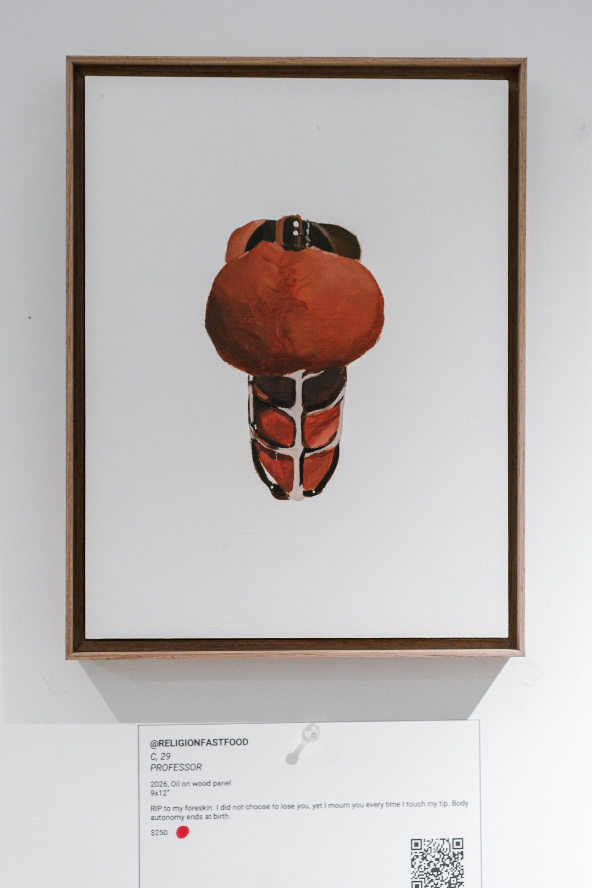 A framed painting labeled with an initial, age, occupation, and a message about bodily autonomy.