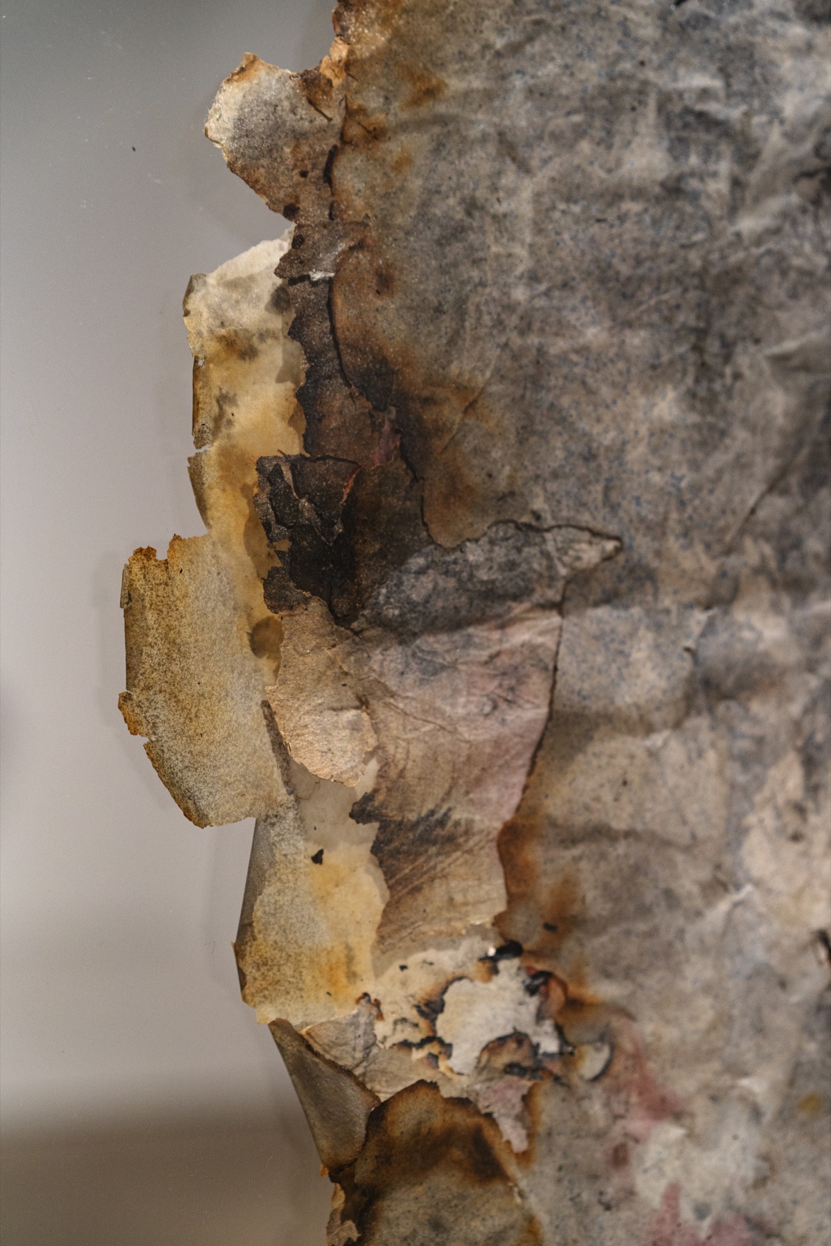 Close detail of the fragile, layered edge of a deteriorating material.