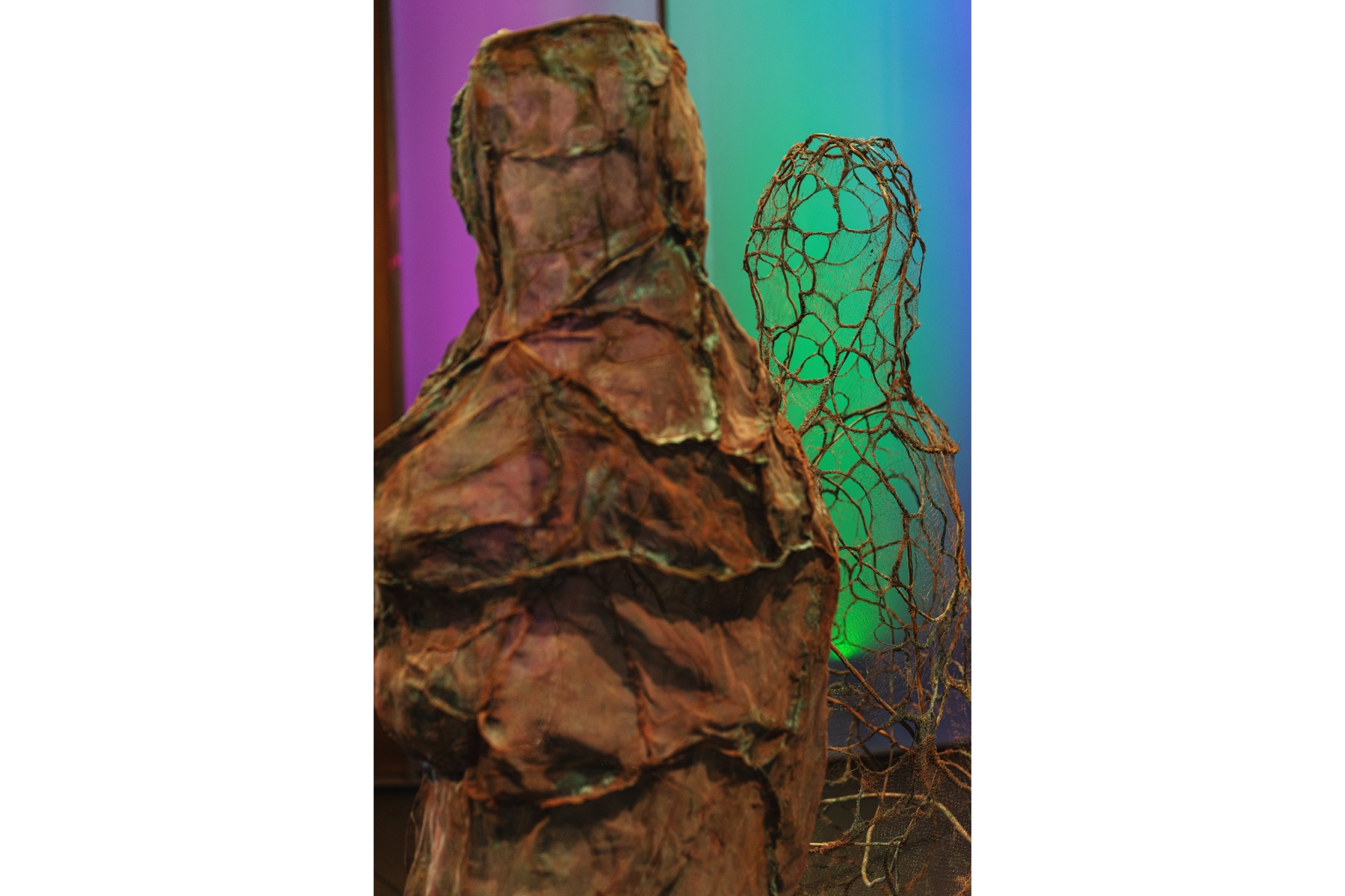 Two translucent sculptural figures stand in colored light in the Tender Alchemy exhibition.