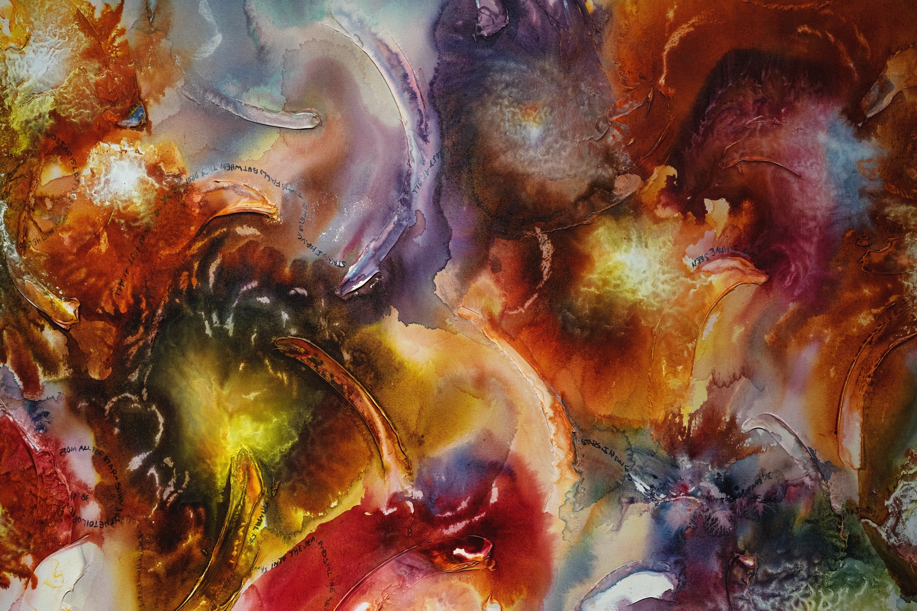 Detail of a luminous abstract painting in orange, blue, and violet.