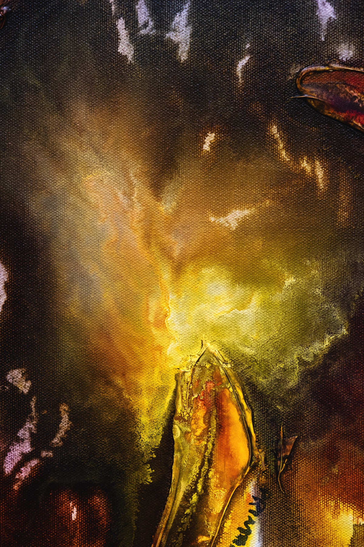 Detail of an abstract painting glowing yellow against a dark ground.