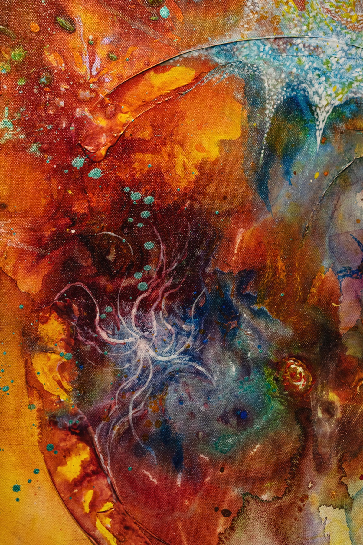 Detail of an abstract painting with radiating white marks and orange color.
