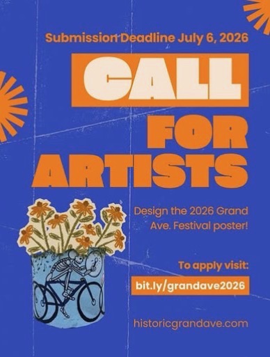 Call for artists flyer to design the 2026 Grand Ave Festival poster with a July 6, 2026 deadline.