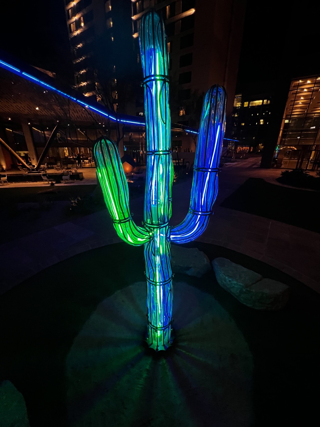 Life-size blown-glass and neon saguaro sculpture by Mikey Butzine glowing blue and green at Arizona Center.