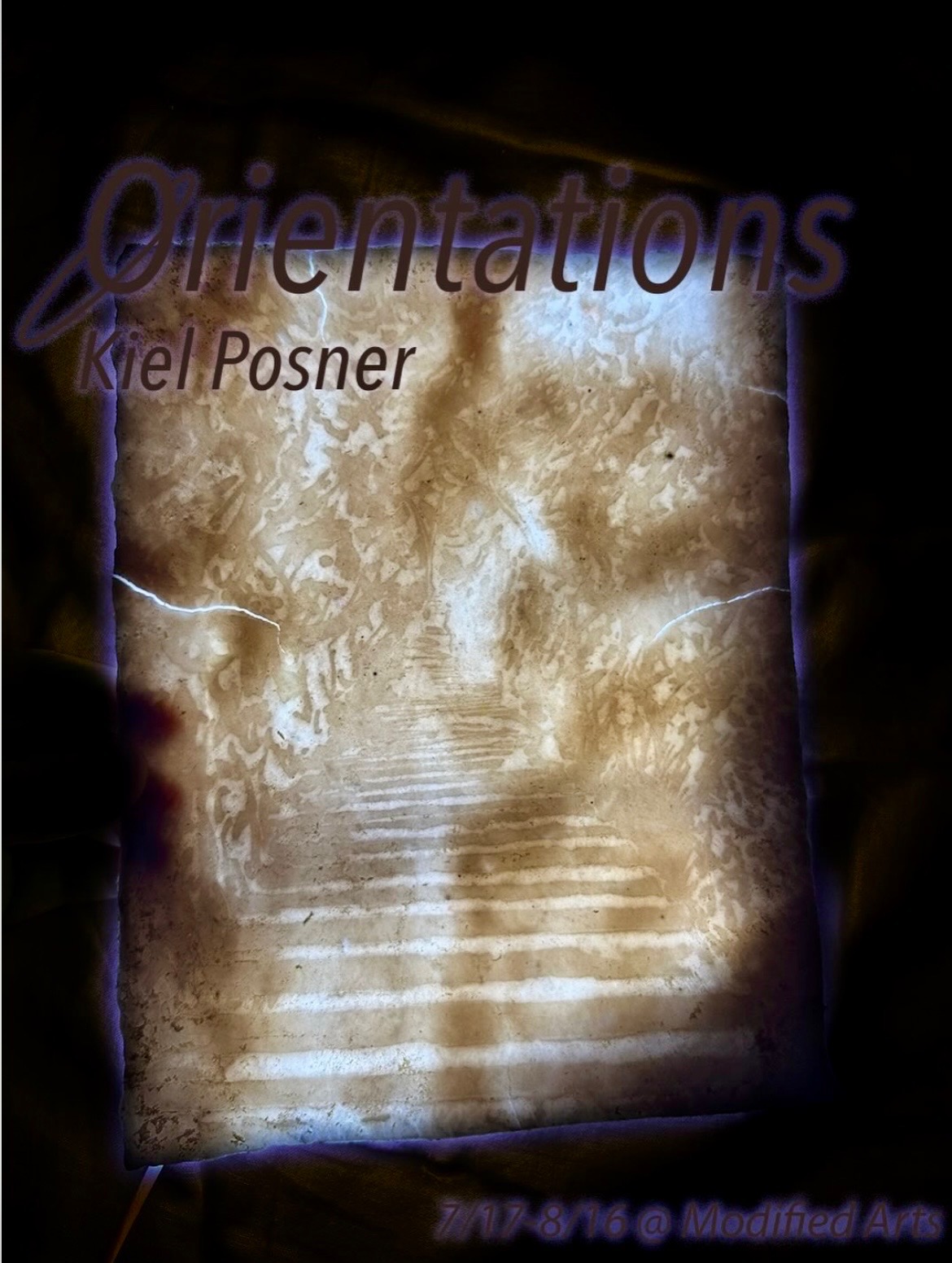 Orientations exhibition flyer featuring an illuminated staircase image and the name Kiel Posner.