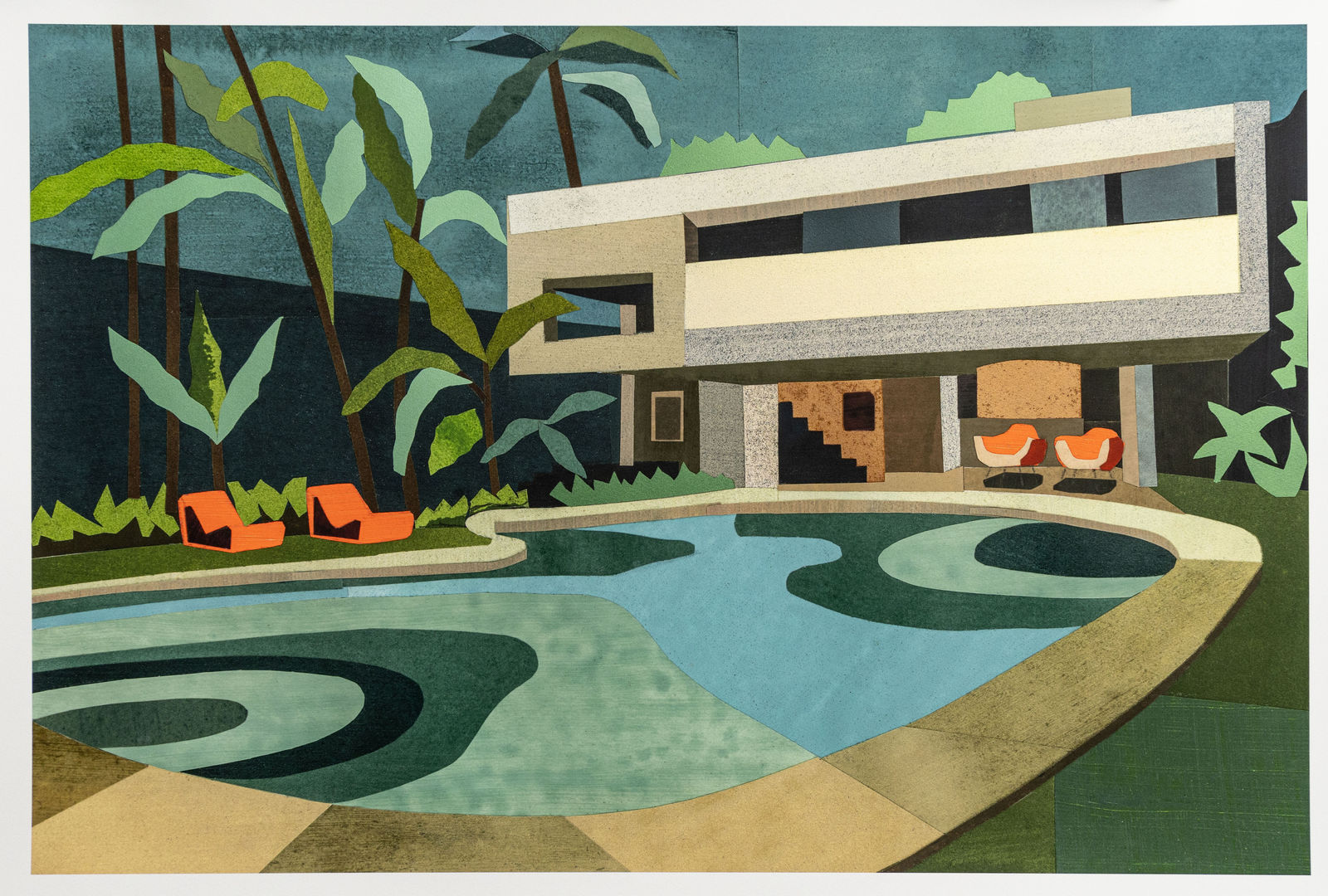 Andy Burgess artwork showing a modernist house, pool, palms, and orange lounge chairs.