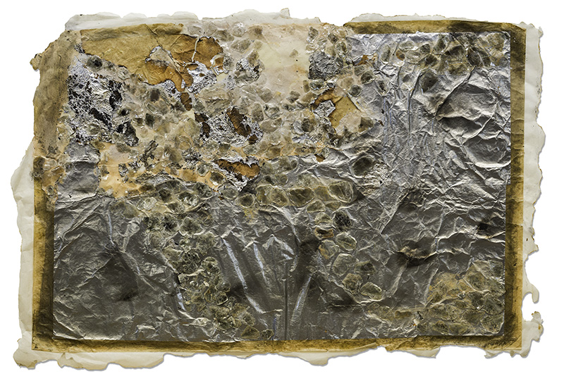 Textured abstract mixed media artwork by Beth Ames Swartz with mica, ash, and layered surfaces.