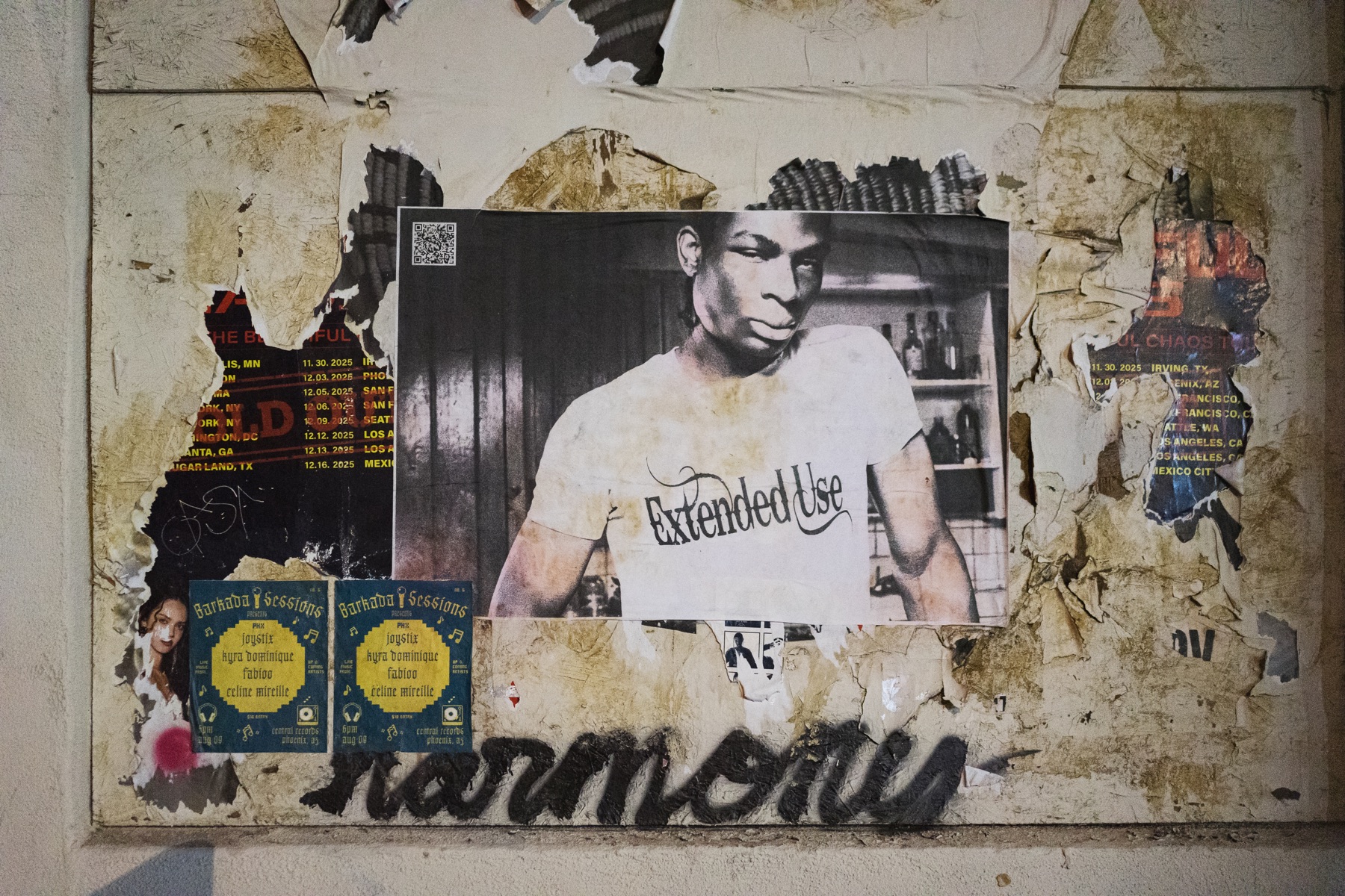 Layered Phoenix street posters surrounding a black-and-white Extended Use artwork.