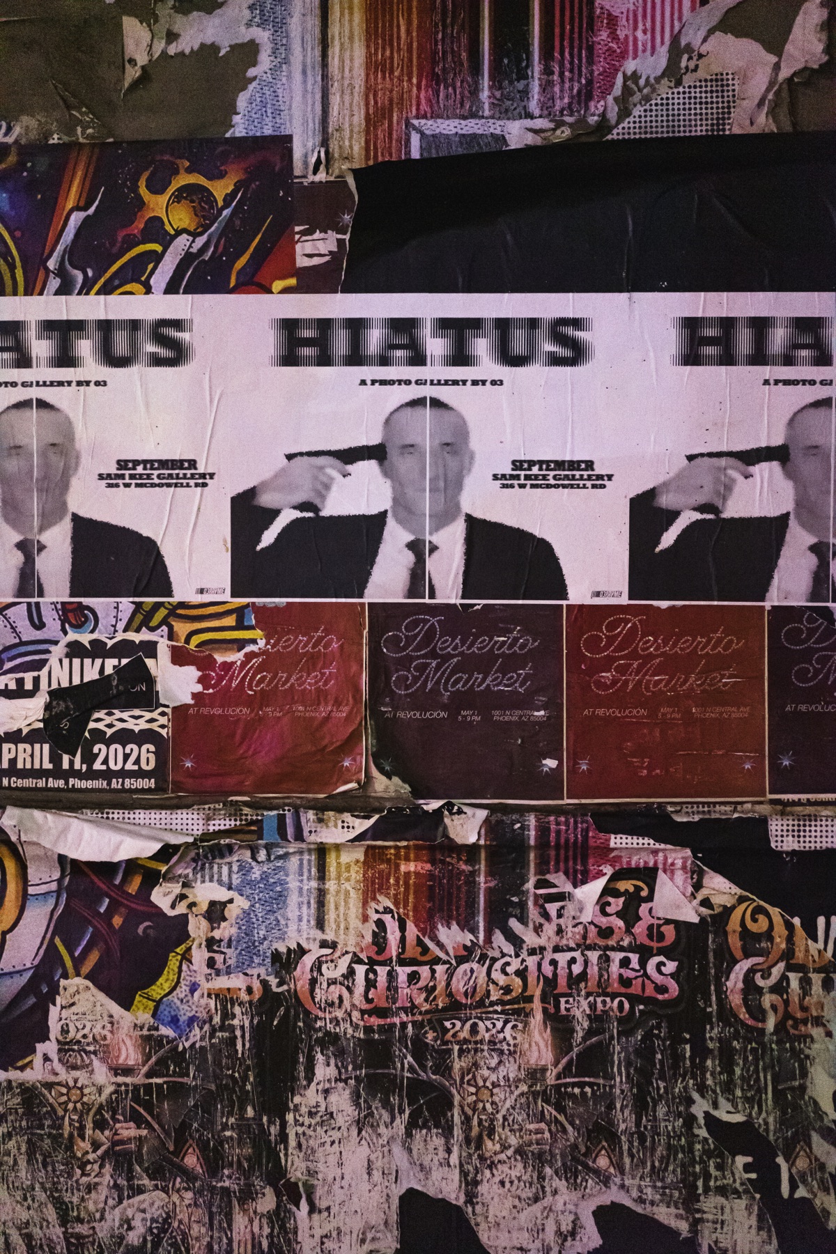 A dense collage of Phoenix art, market, and gallery flyers pasted over one another.